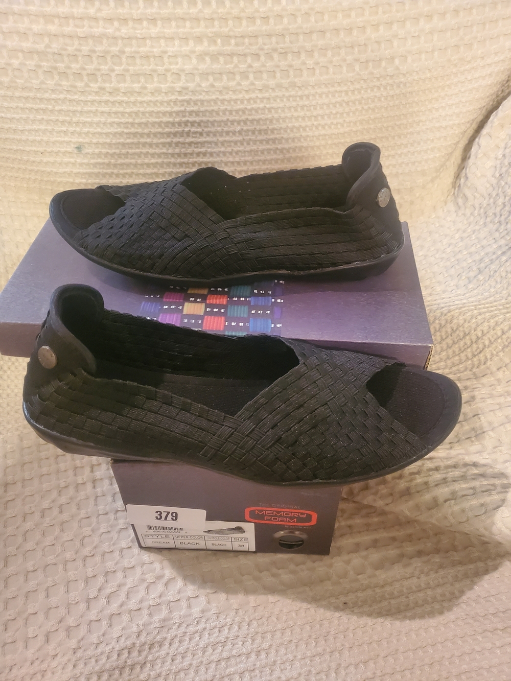 bernie mev. Black Woven Peep-Toe Slip-On Flats